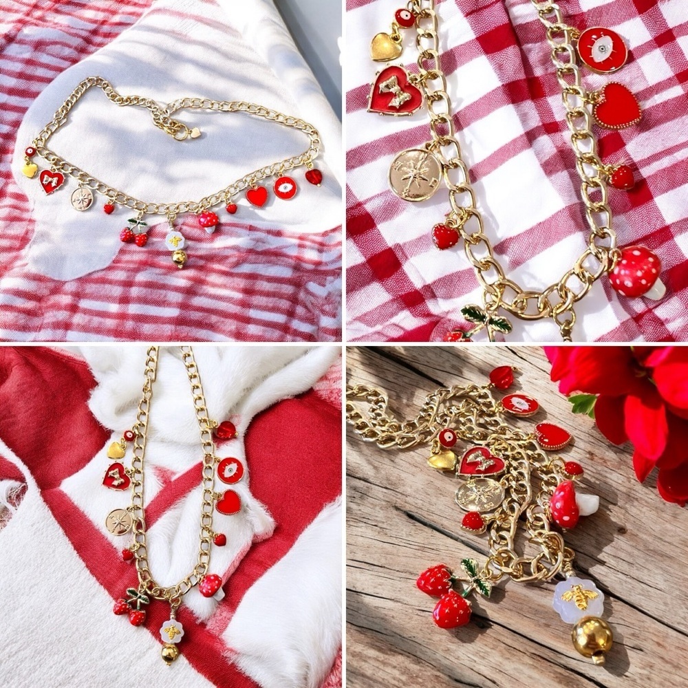 Gold Toned and Red Charm Necklace Enamel Glass Ceramic Crystal 20” - Picture 16 of 17